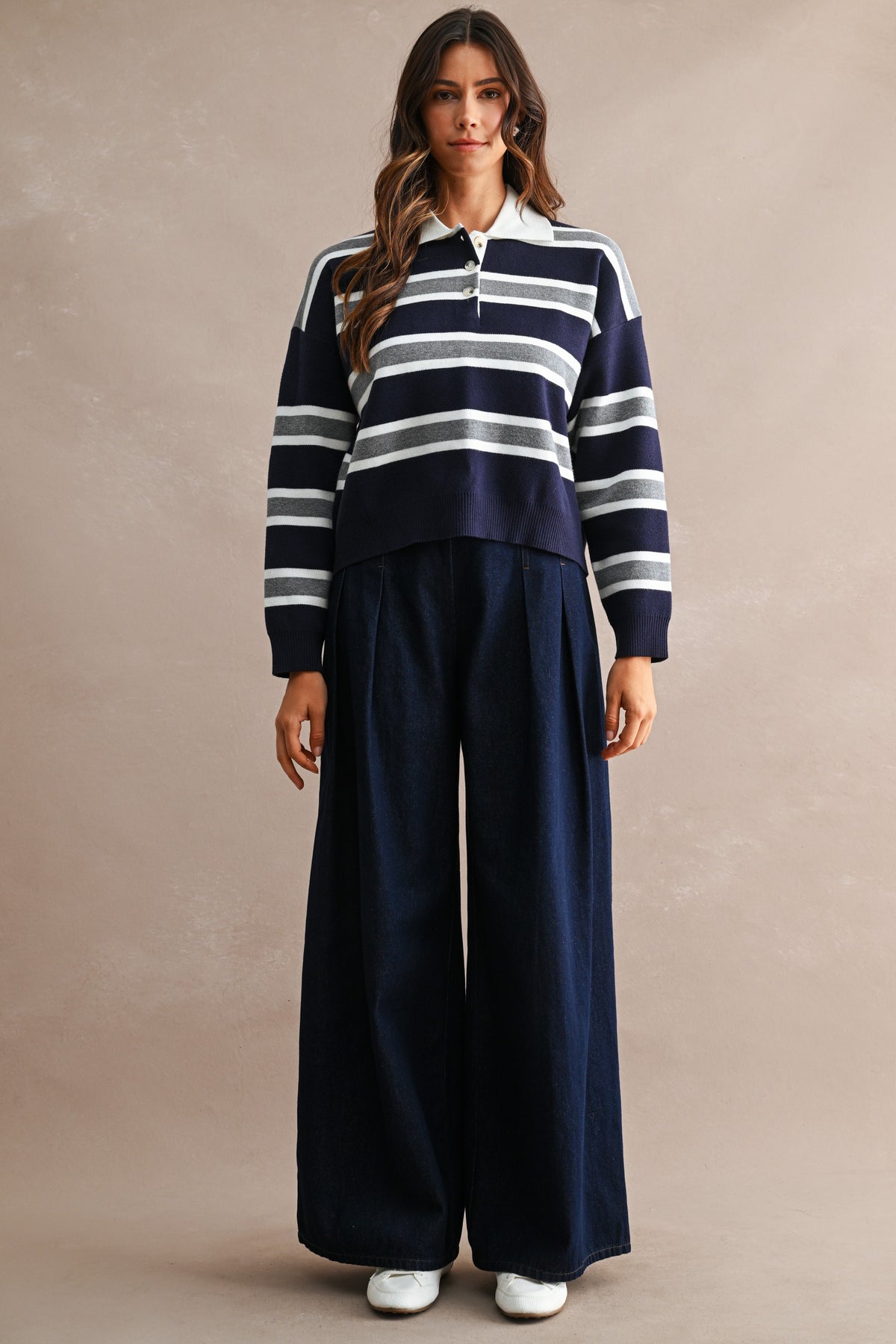 Striped Contrast Collar Cropped Sweater