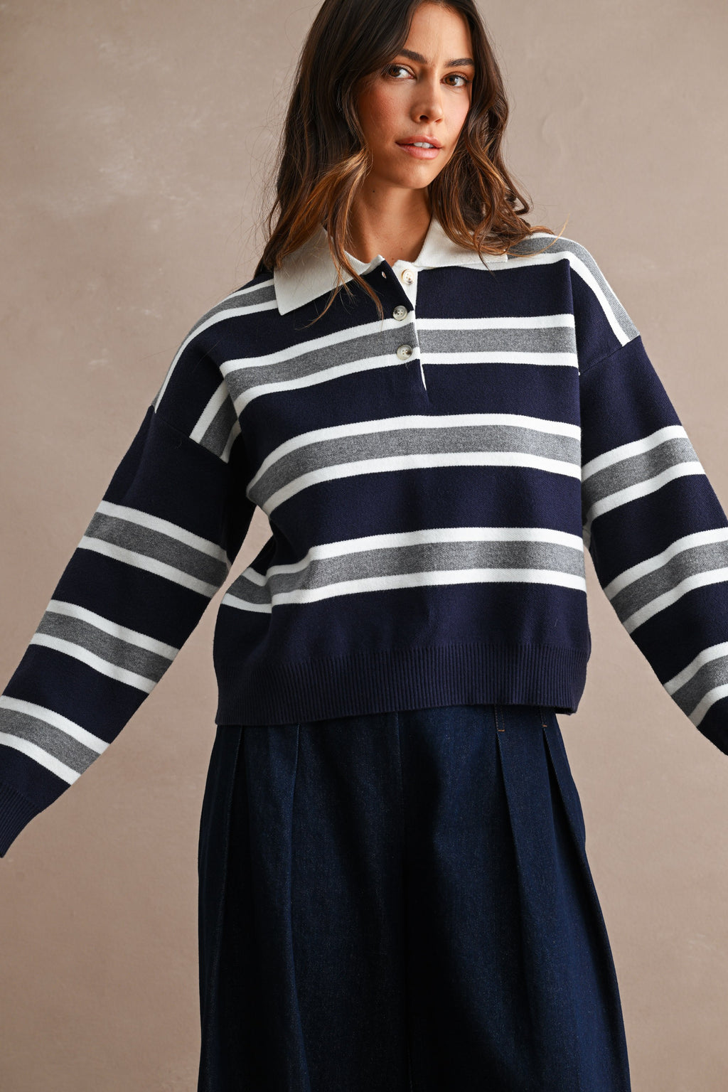 Striped Contrast Collar Cropped Sweater