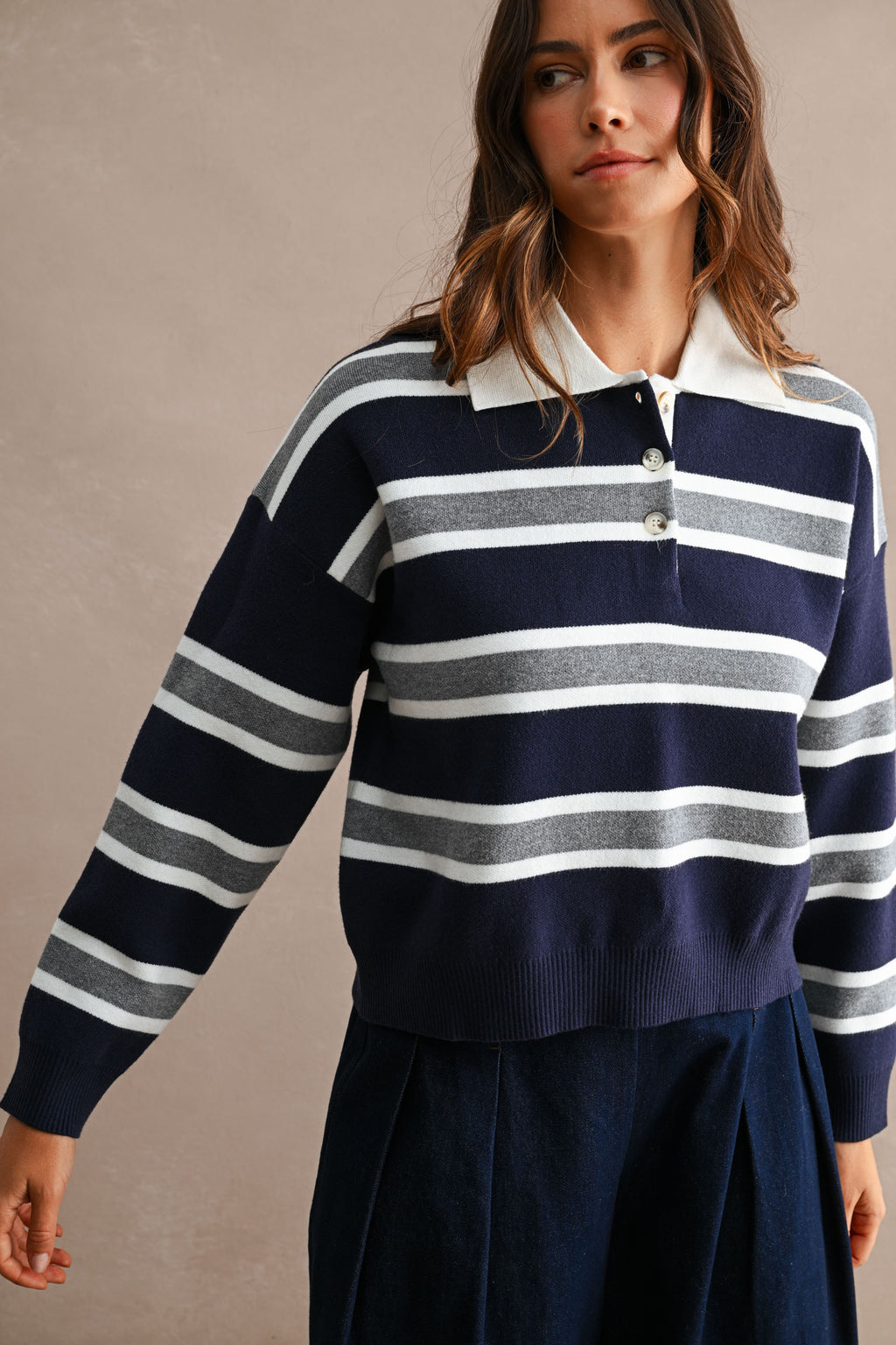Striped Contrast Collar Cropped Sweater