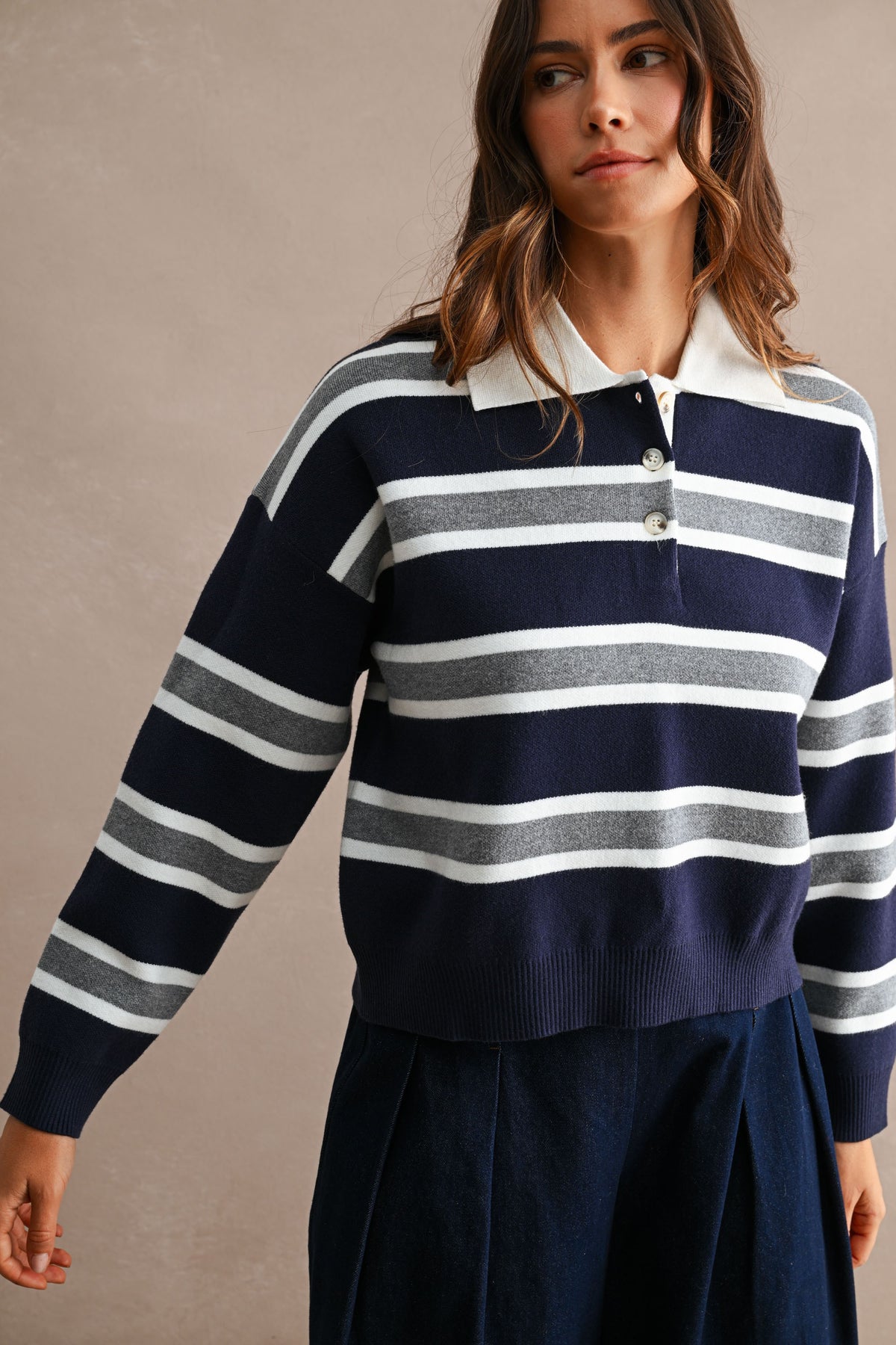 Striped Contrast Collar Cropped Sweater