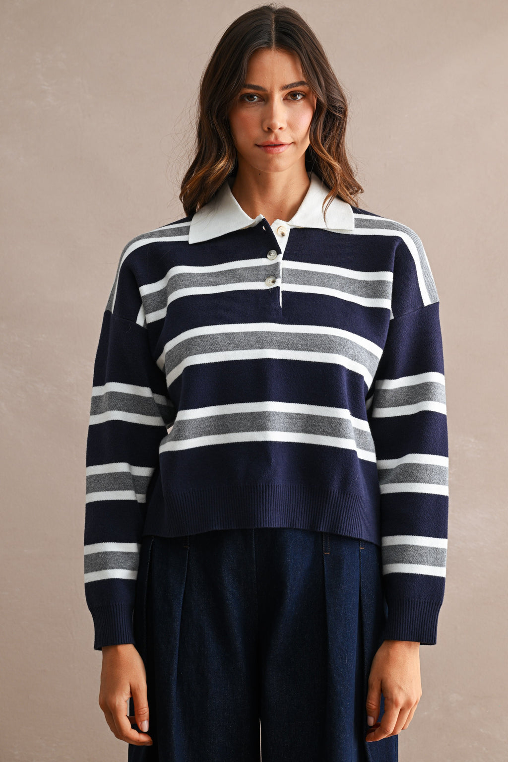Striped Contrast Collar Cropped Sweater