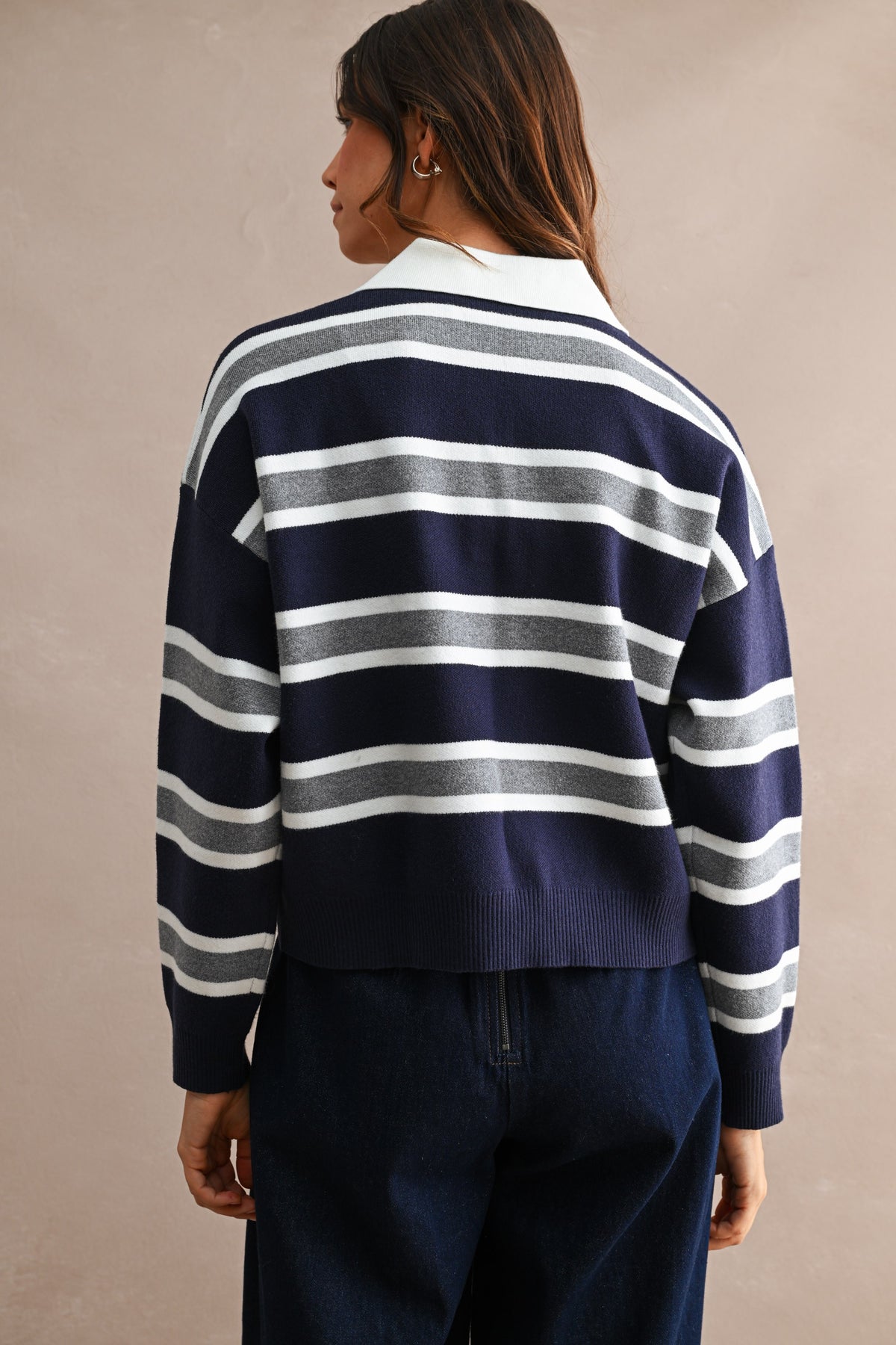 Striped Contrast Collar Cropped Sweater