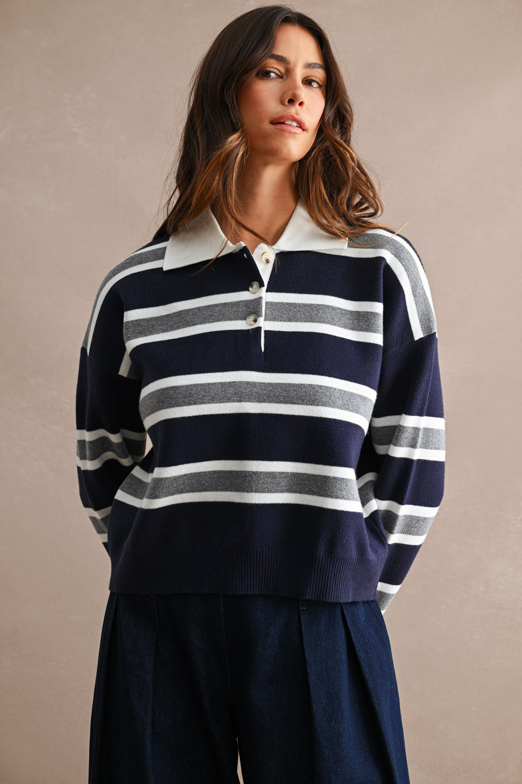 Striped Contrast Collar Cropped Sweater