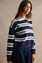 Striped Contrast Collar Cropped Sweater