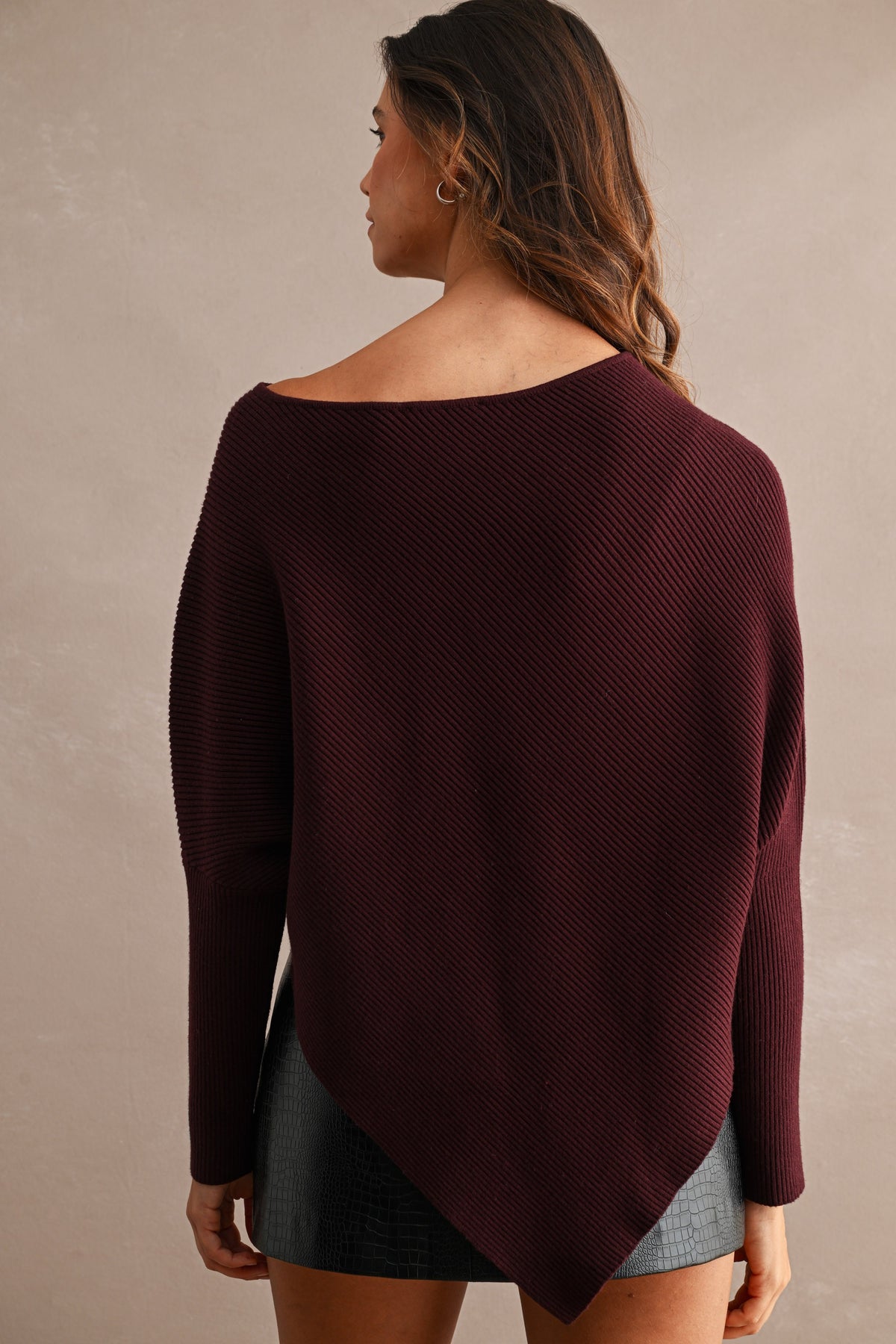 Asymmetrical Hem Ribbed Sweater (Wine)