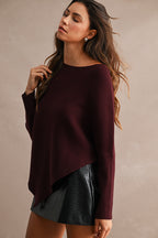 Asymmetrical Hem Ribbed Sweater (Wine)