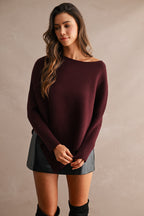 Asymmetrical Hem Ribbed Sweater (Wine)