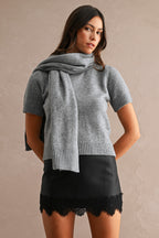 Short Sleeve Sweater with Removable Scarf (Grey)