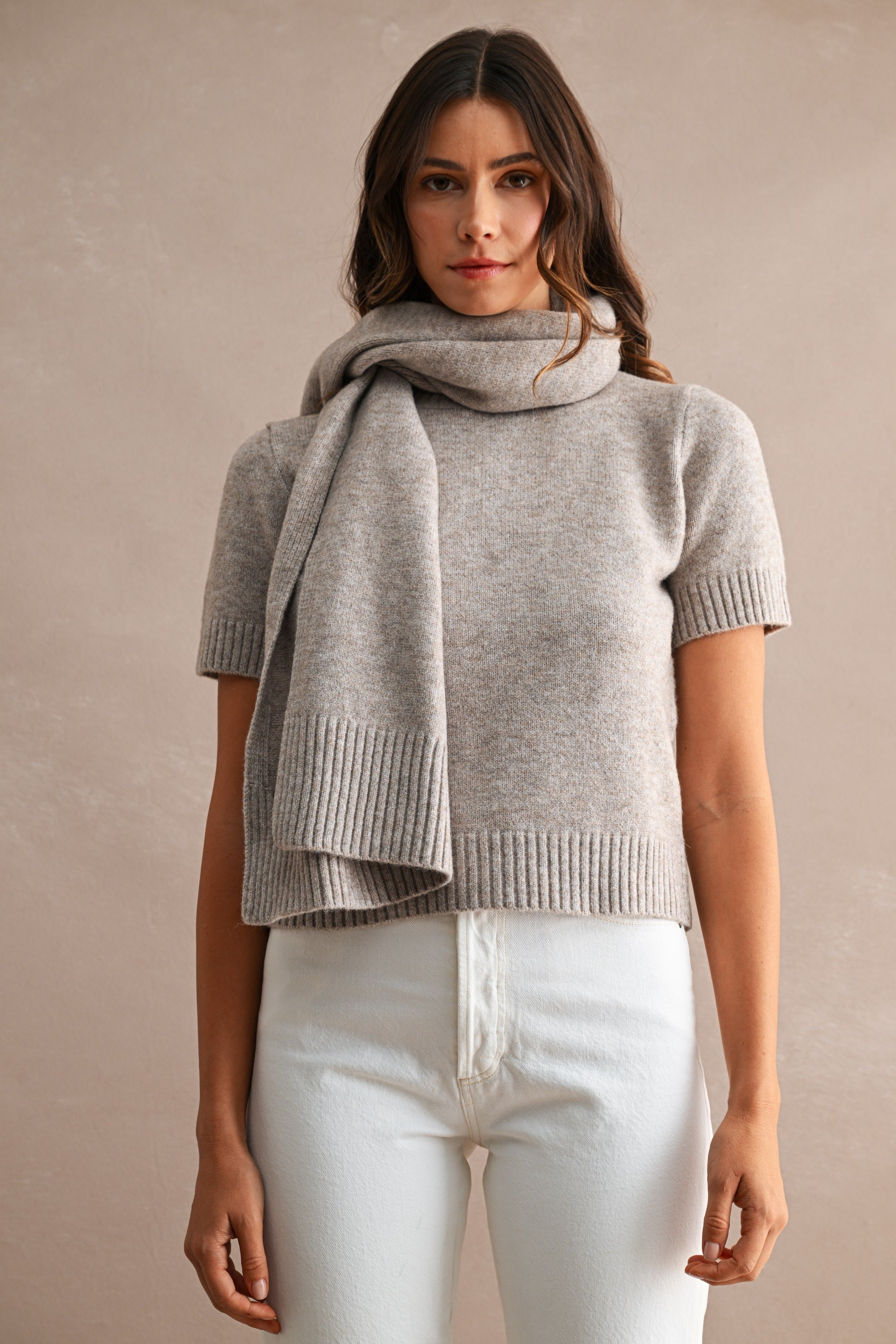 Short Sleeve Sweater with Removable Scarf (Light Mocha) Secondary image