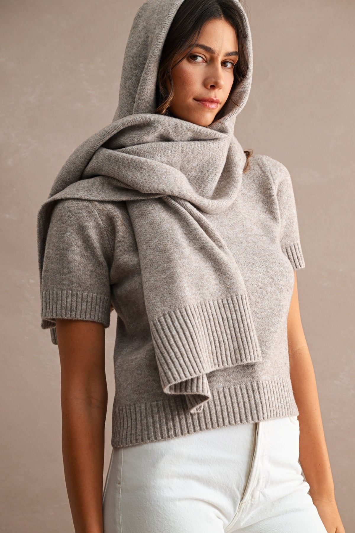 Short Sleeve Sweater with Removable Scarf (Light Mocha) Main image