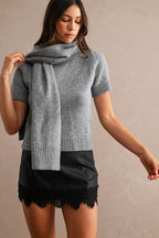 Short Sleeve Sweater with Removable Scarf (Grey)