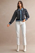 Stripe Knit And Denim Mix Button Down Cardigan (Navy)