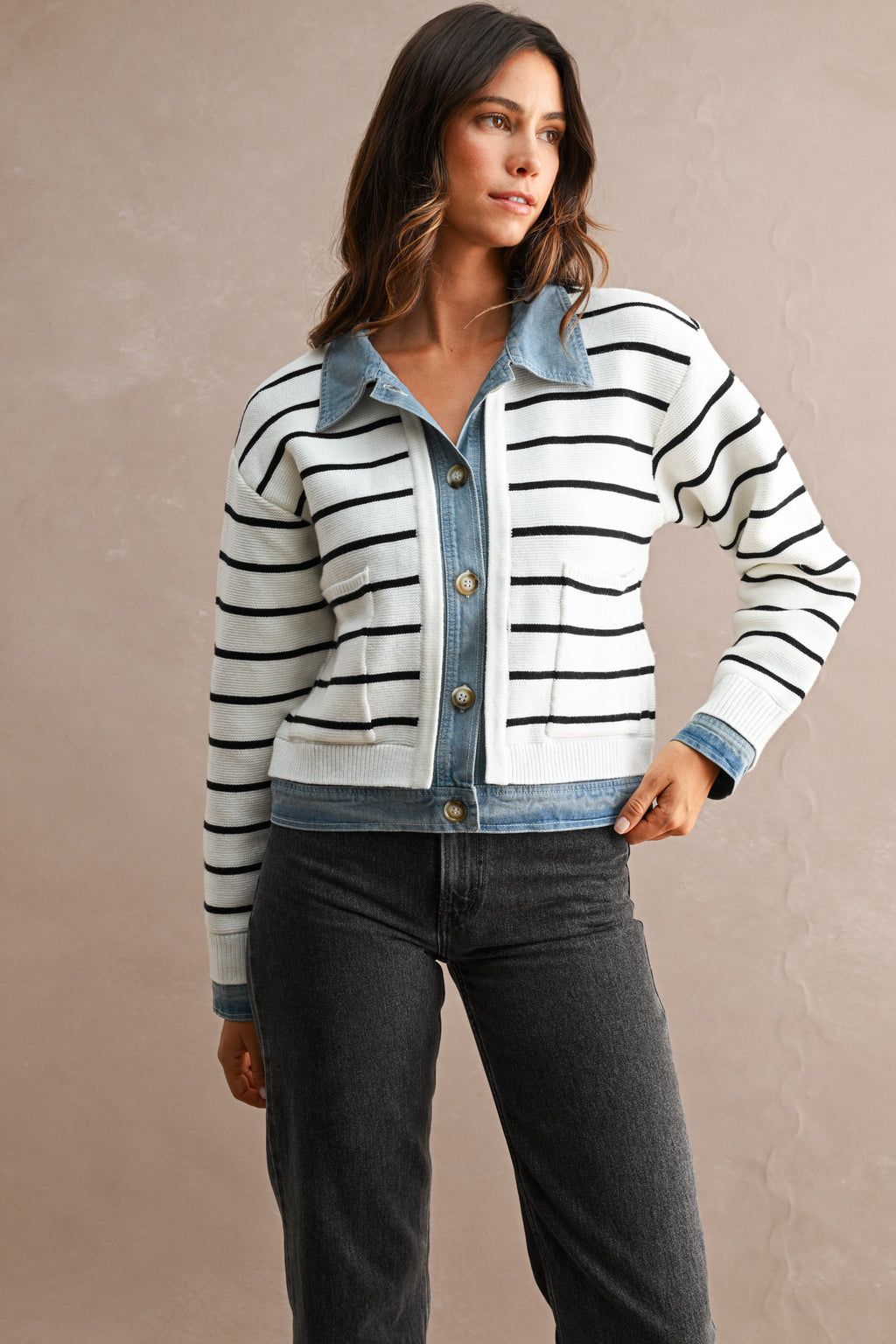 Stripe Knit And Denim Mix Button Down Cardigan (Cream)