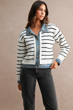 Stripe Knit And Denim Mix Button Down Cardigan (Cream)