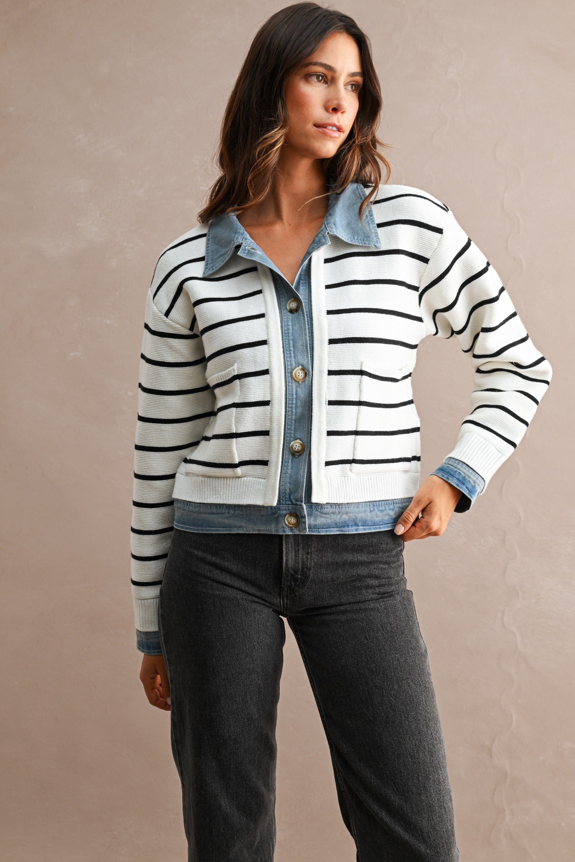 Stripe Knit And Denim Mix Button Down Cardigan (Cream)