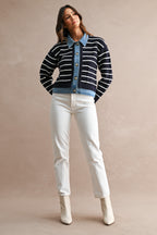 Stripe Knit And Denim Mix Button Down Cardigan (Navy)
