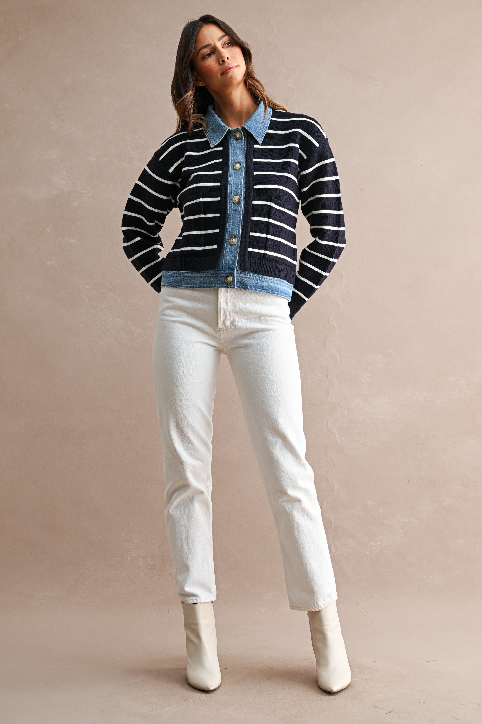 Stripe Knit And Denim Mix Button Down Cardigan (Navy)