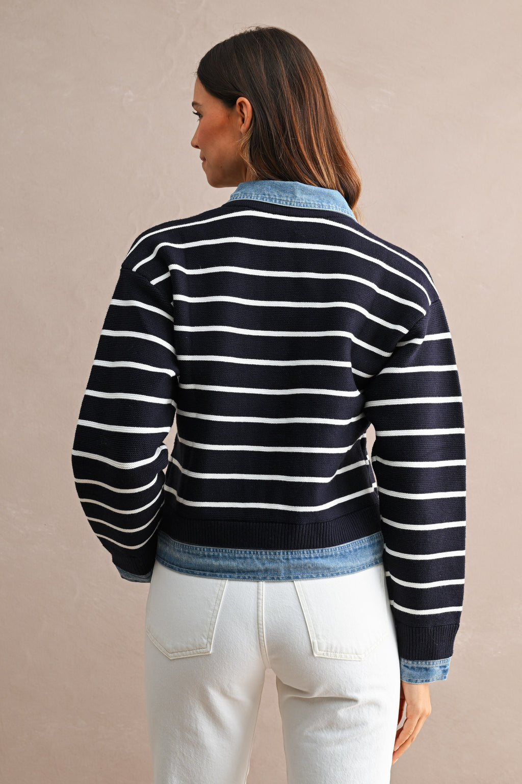 Stripe Knit And Denim Mix Button Down Cardigan (Navy)