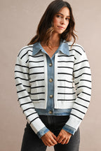 Stripe Knit And Denim Mix Button Down Cardigan (Cream)