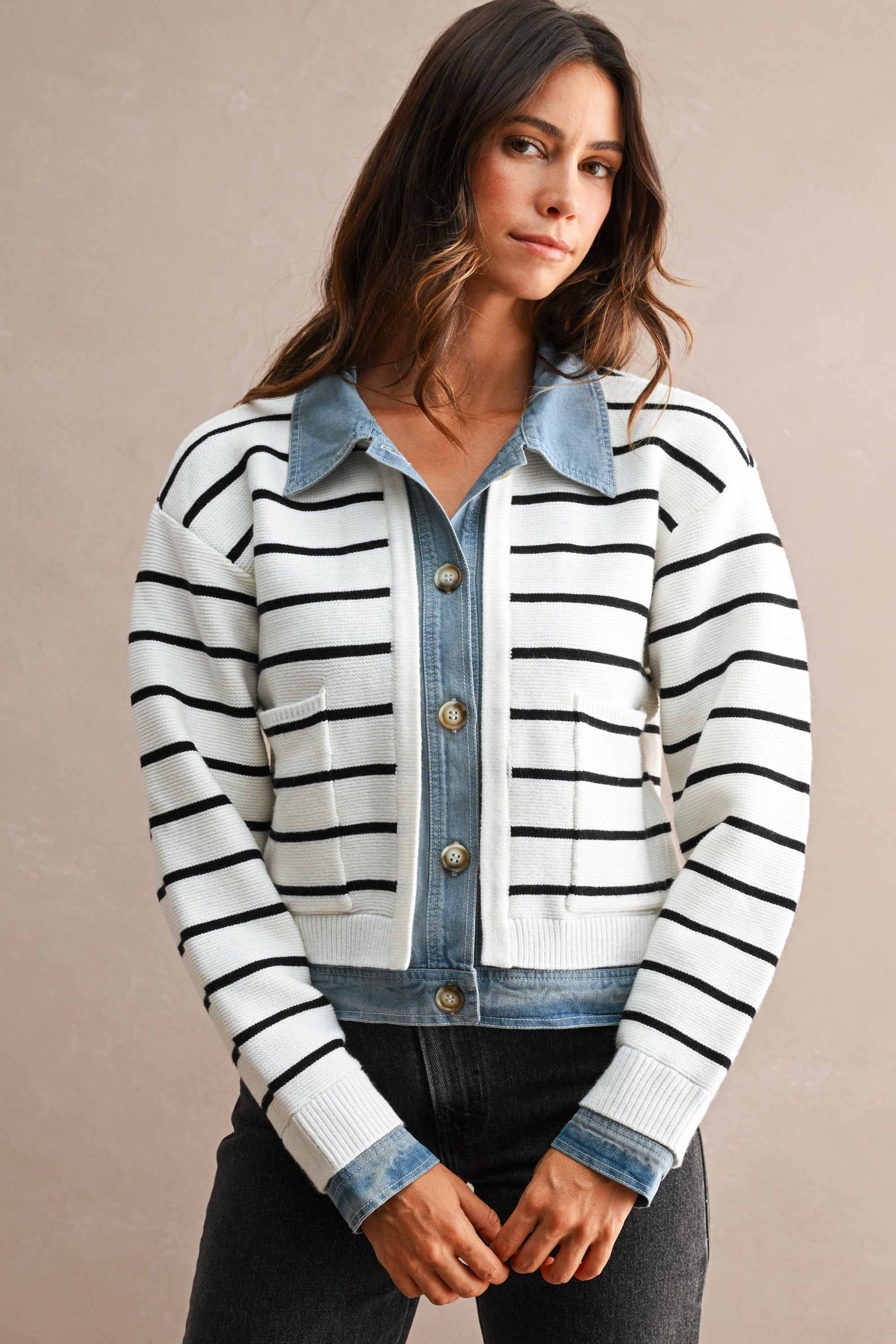 Stripe Knit And Denim Mix Button Down Cardigan (Cream)