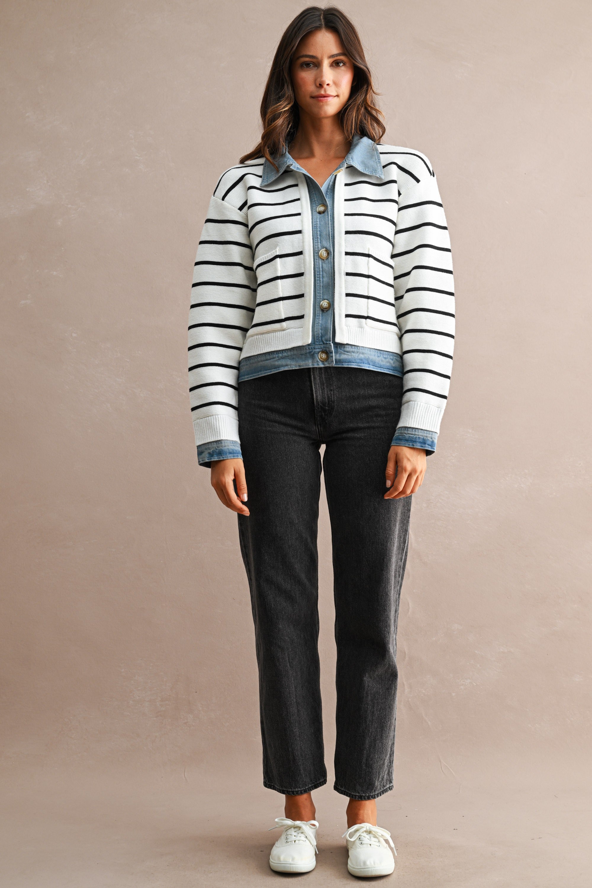 Stripe Knit And Denim Mix Button Down Cardigan (Cream)