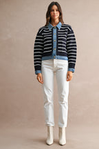 Stripe Knit And Denim Mix Button Down Cardigan (Navy)