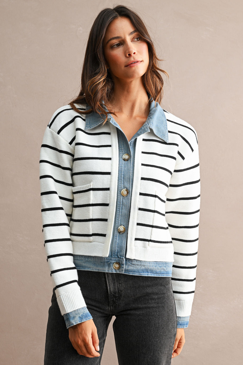Stripe Knit And Denim Mix Button Down Cardigan (Cream)