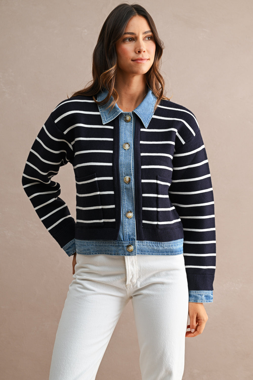 Stripe Knit And Denim Mix Button Down Cardigan (Navy)