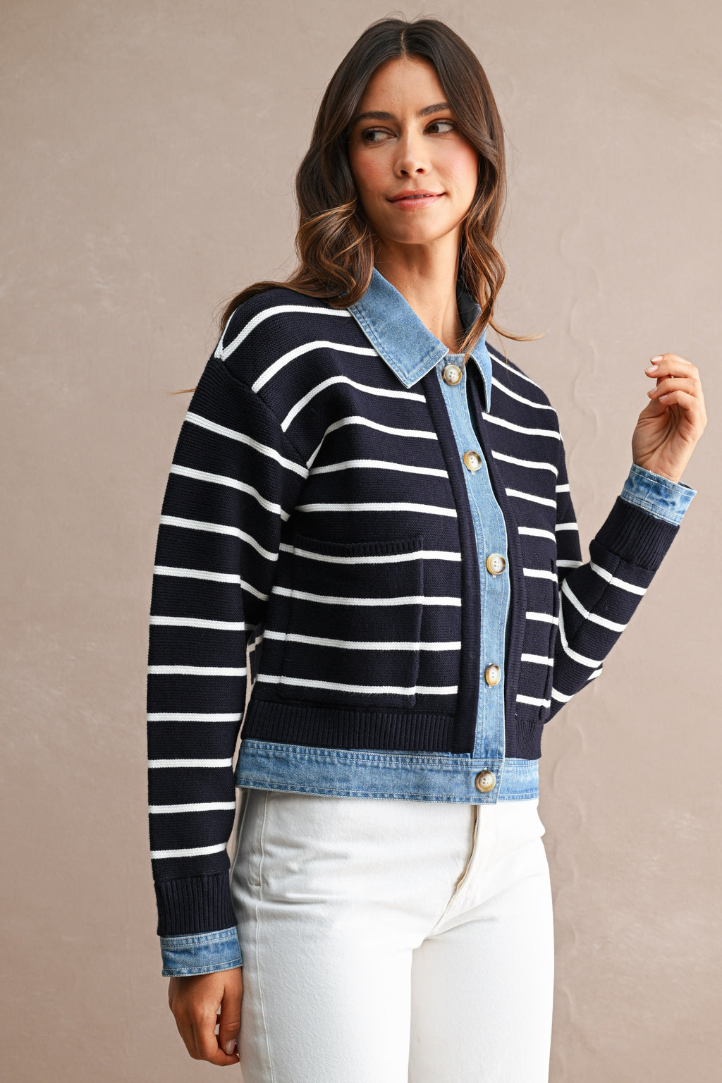 Stripe Knit And Denim Mix Button Down Cardigan (Navy)