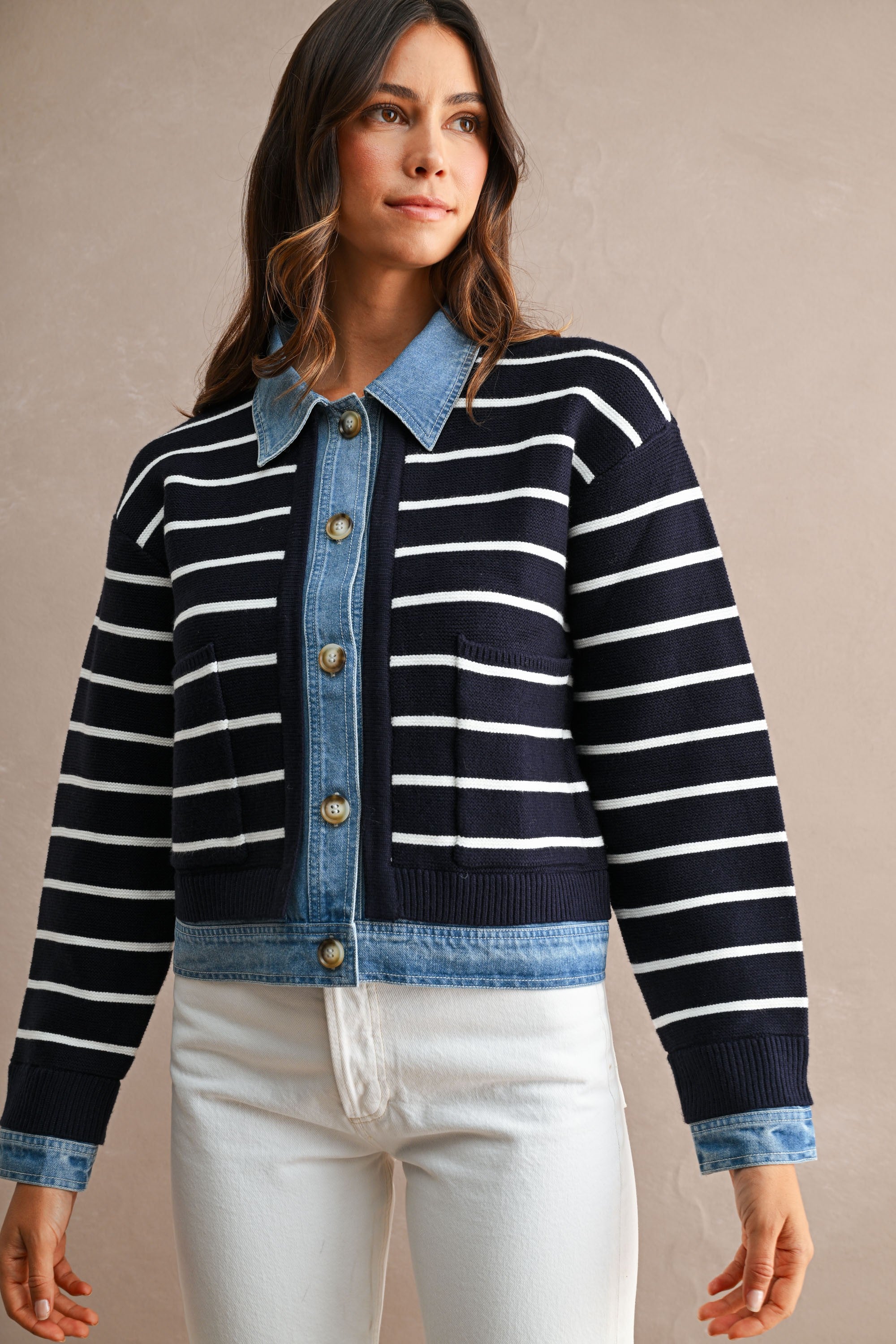 Stripe Knit And Denim Mix Button Down Cardigan (Navy)