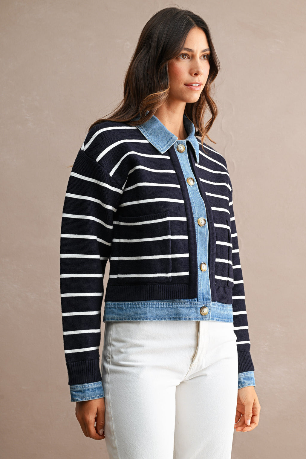 Stripe Knit And Denim Mix Button Down Cardigan (Navy)