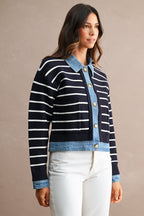 Stripe Knit And Denim Mix Button Down Cardigan (Navy)