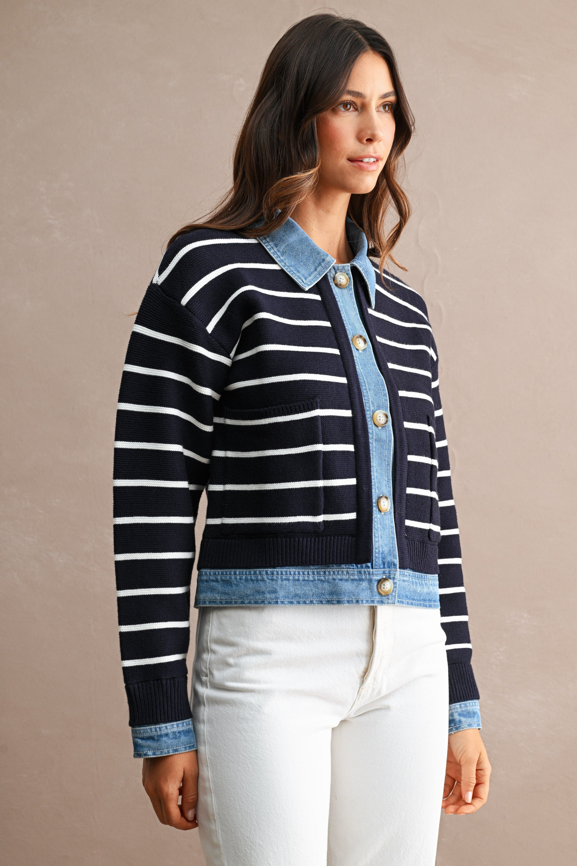 Stripe Knit And Denim Mix Button Down Cardigan (Navy)