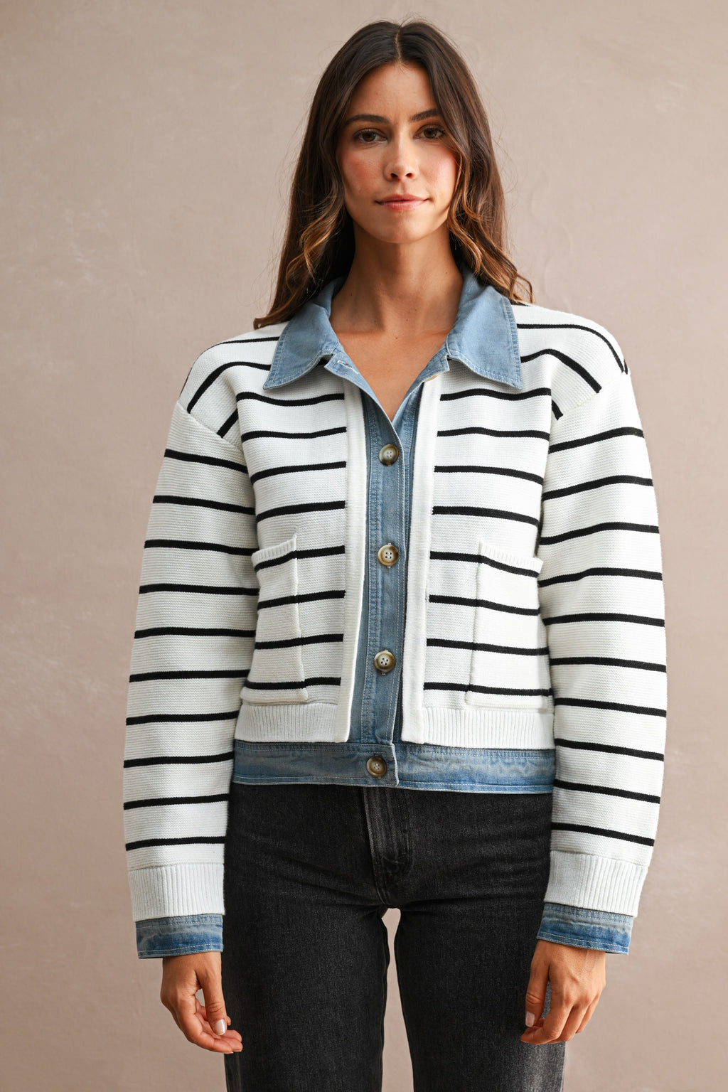 Stripe Knit And Denim Mix Button Down Cardigan (Cream)