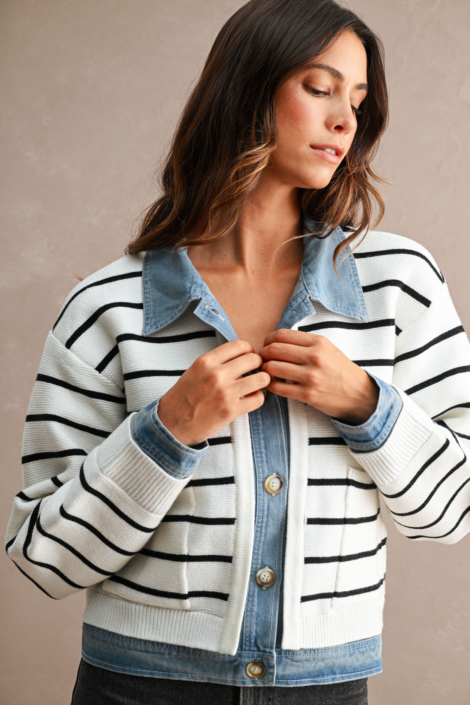 Stripe Knit And Denim Mix Button Down Cardigan (Cream)
