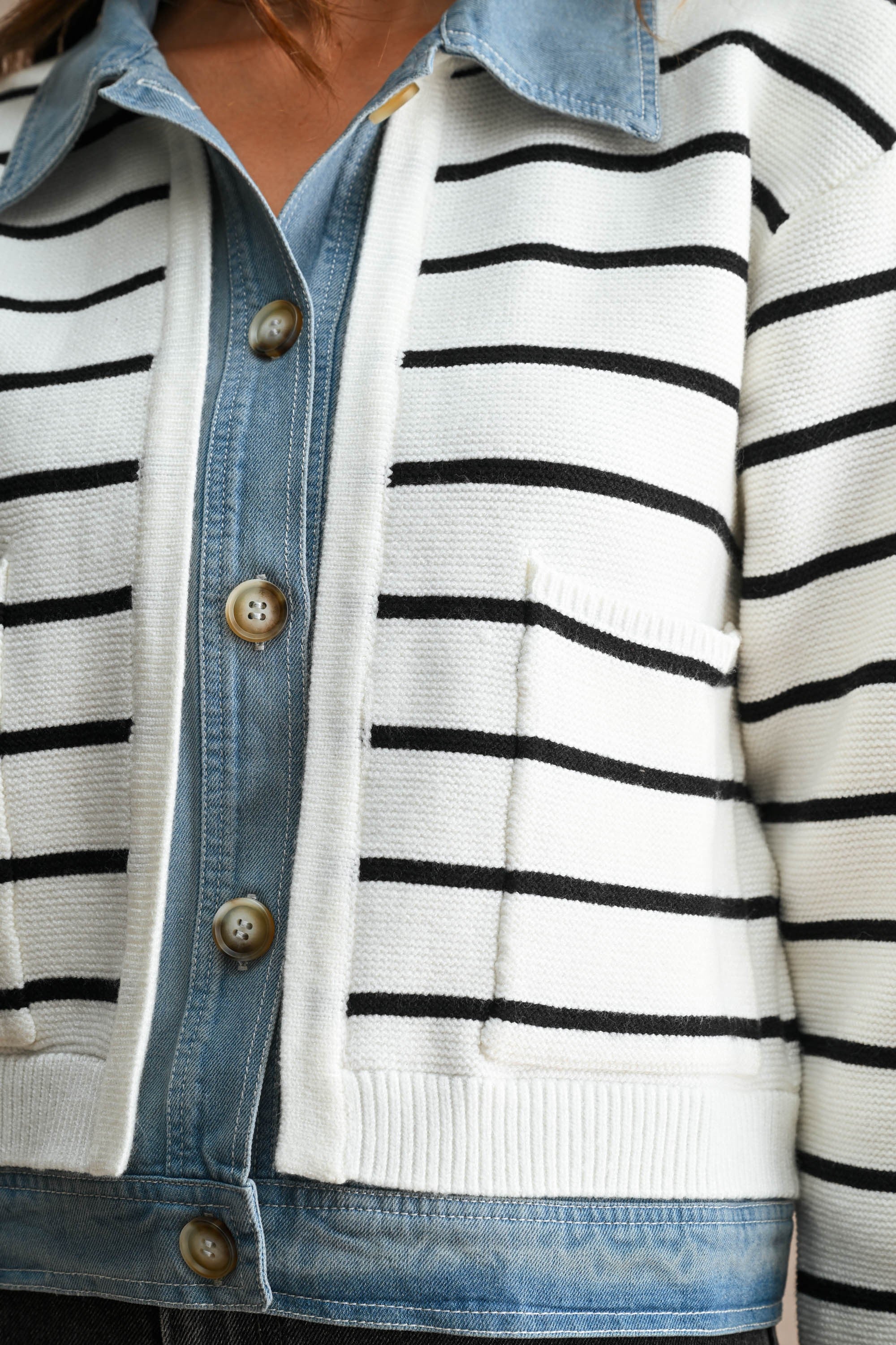 Stripe Knit And Denim Mix Button Down Cardigan (Cream)