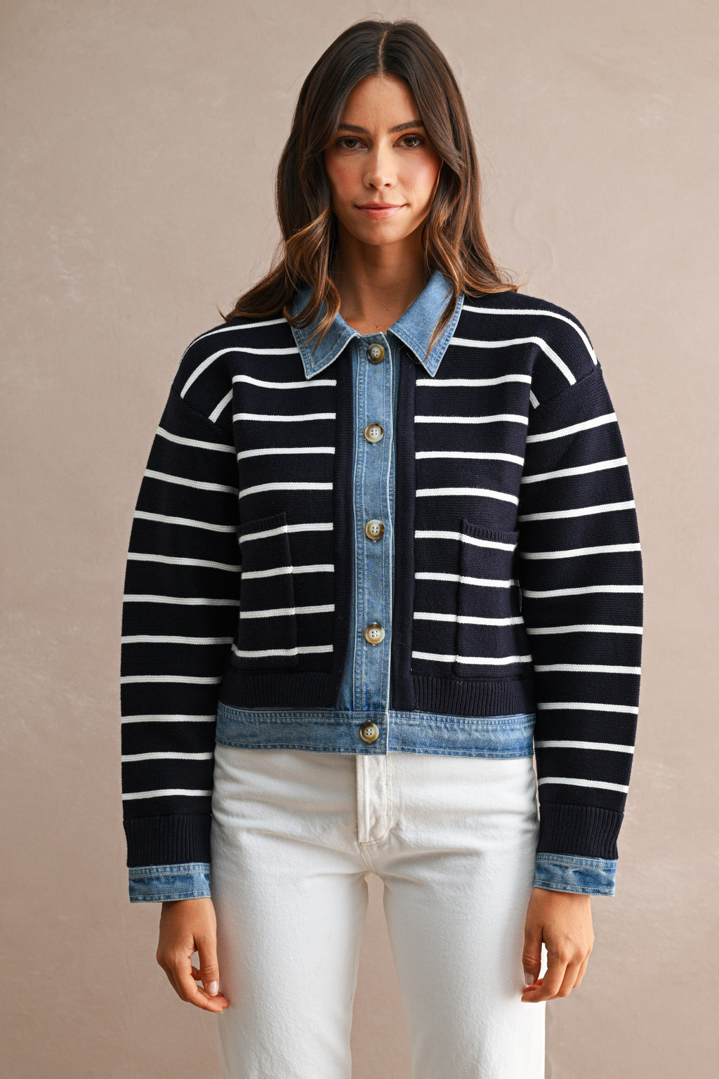 Stripe Knit And Denim Mix Button Down Cardigan (Navy)