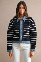 Stripe Knit And Denim Mix Button Down Cardigan (Navy)