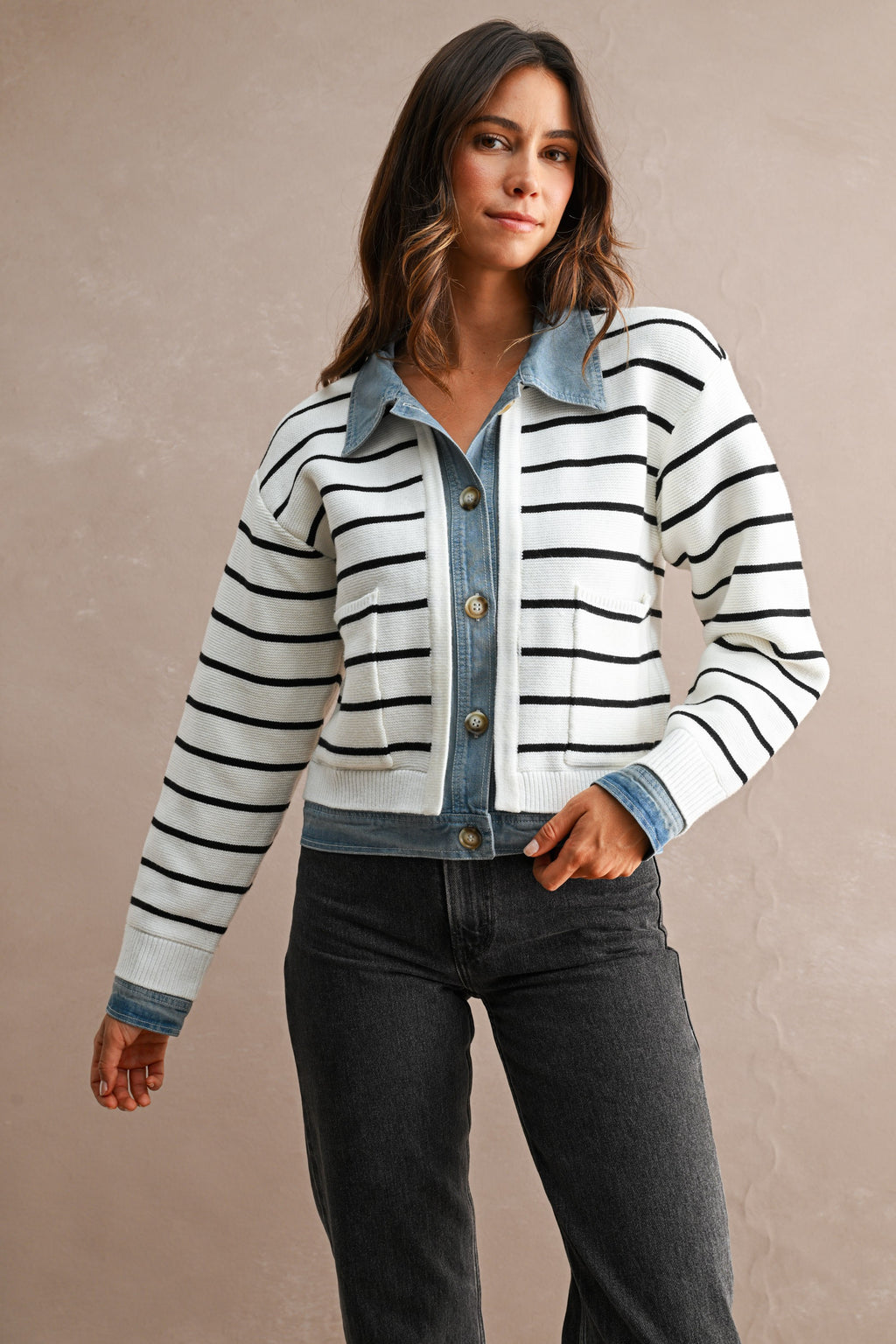 Stripe Knit And Denim Mix Button Down Cardigan (Cream)