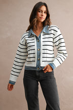 Stripe Knit And Denim Mix Button Down Cardigan (Cream)