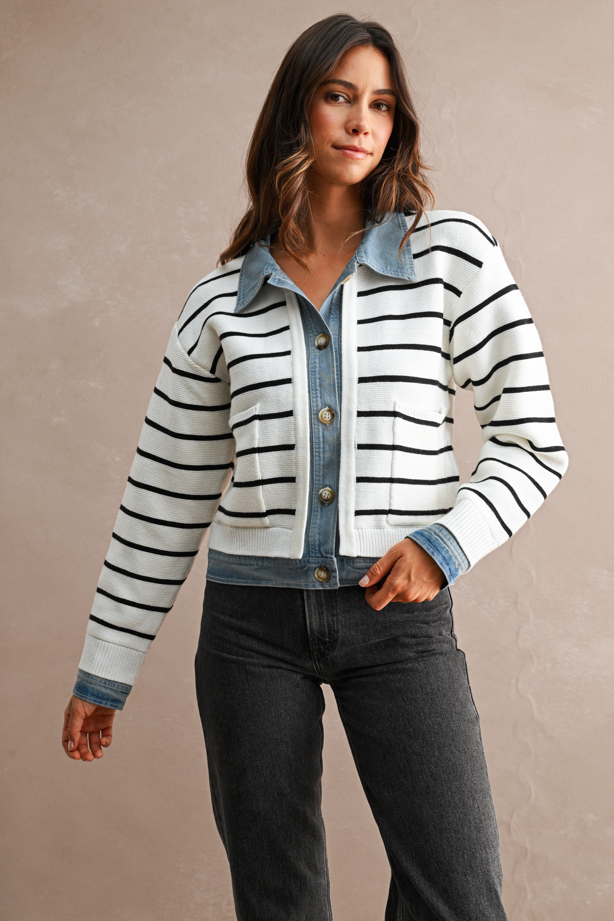 Stripe Knit And Denim Mix Button Down Cardigan (Cream)