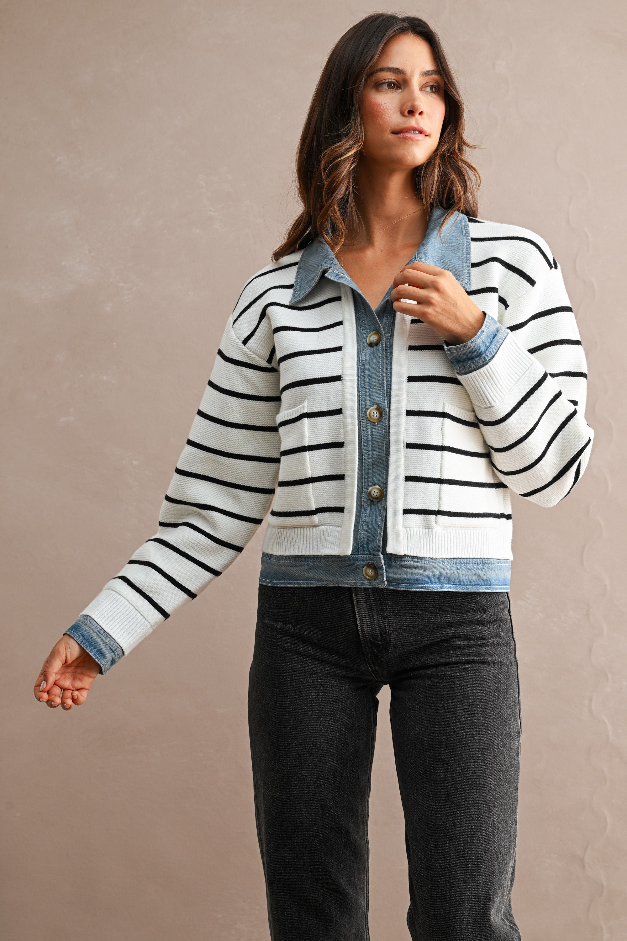 Stripe Knit And Denim Mix Button Down Cardigan (Cream)