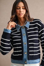 Stripe Knit And Denim Mix Button Down Cardigan (Navy)