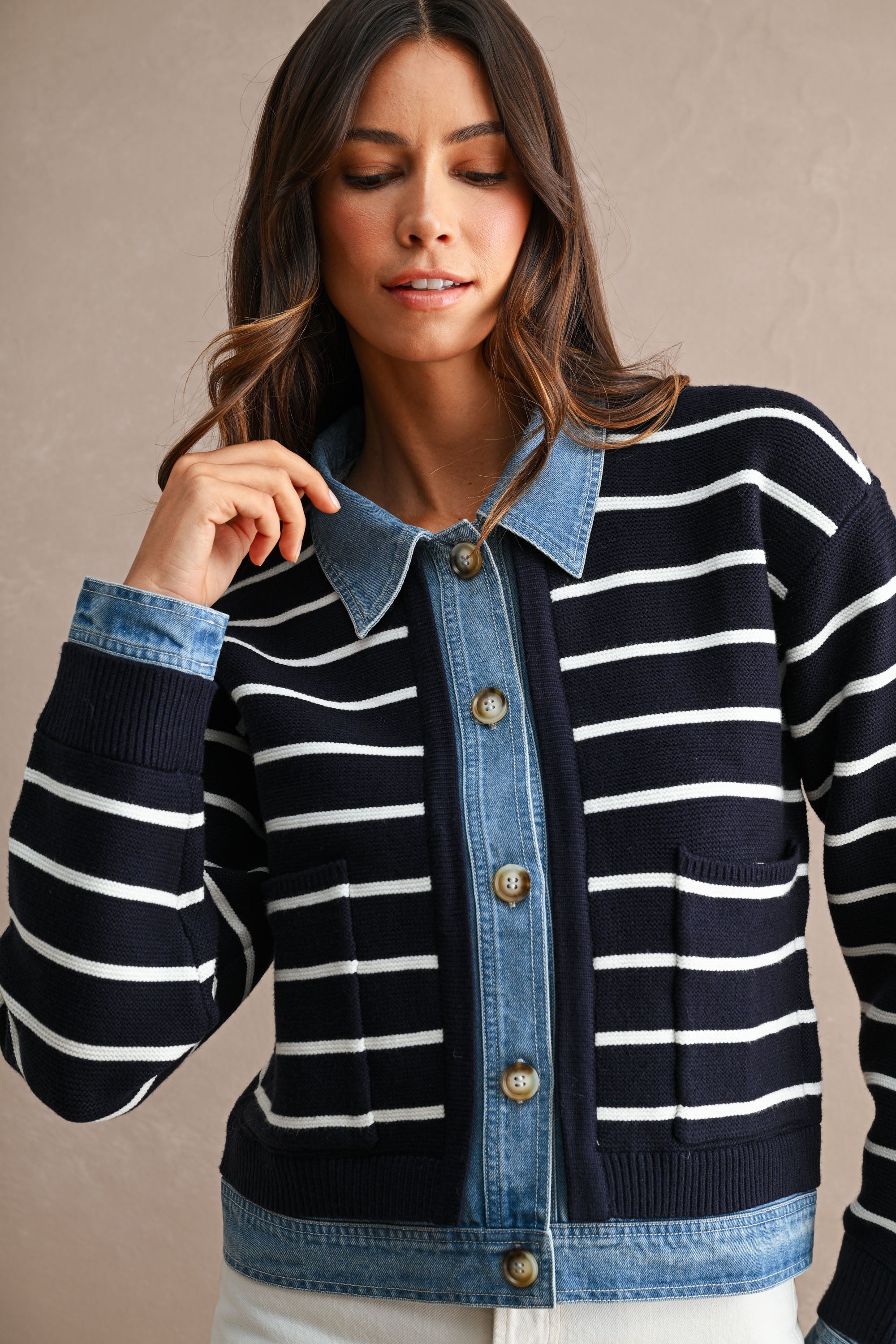 Stripe Knit And Denim Mix Button Down Cardigan (Navy)