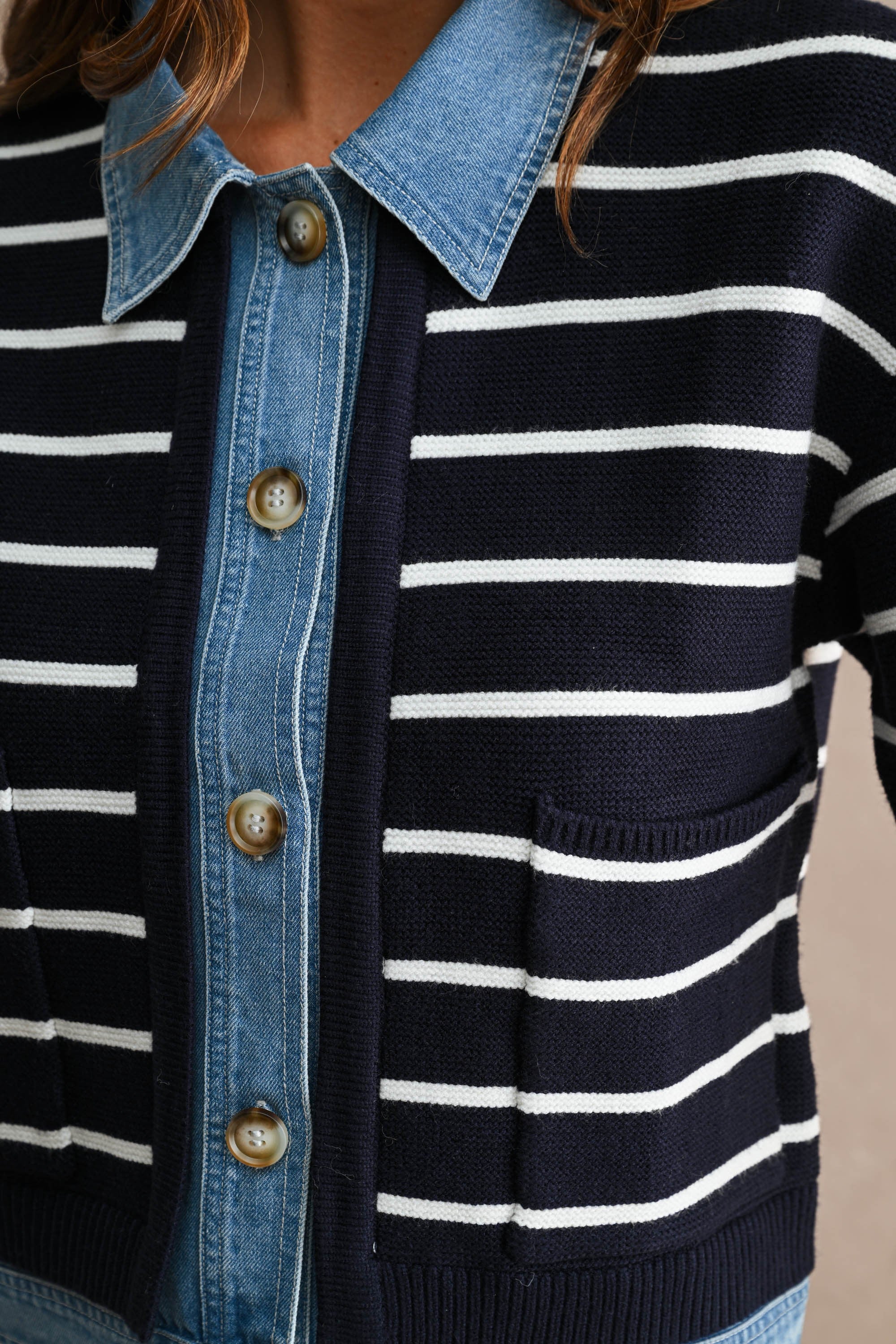 Stripe Knit And Denim Mix Button Down Cardigan (Navy)