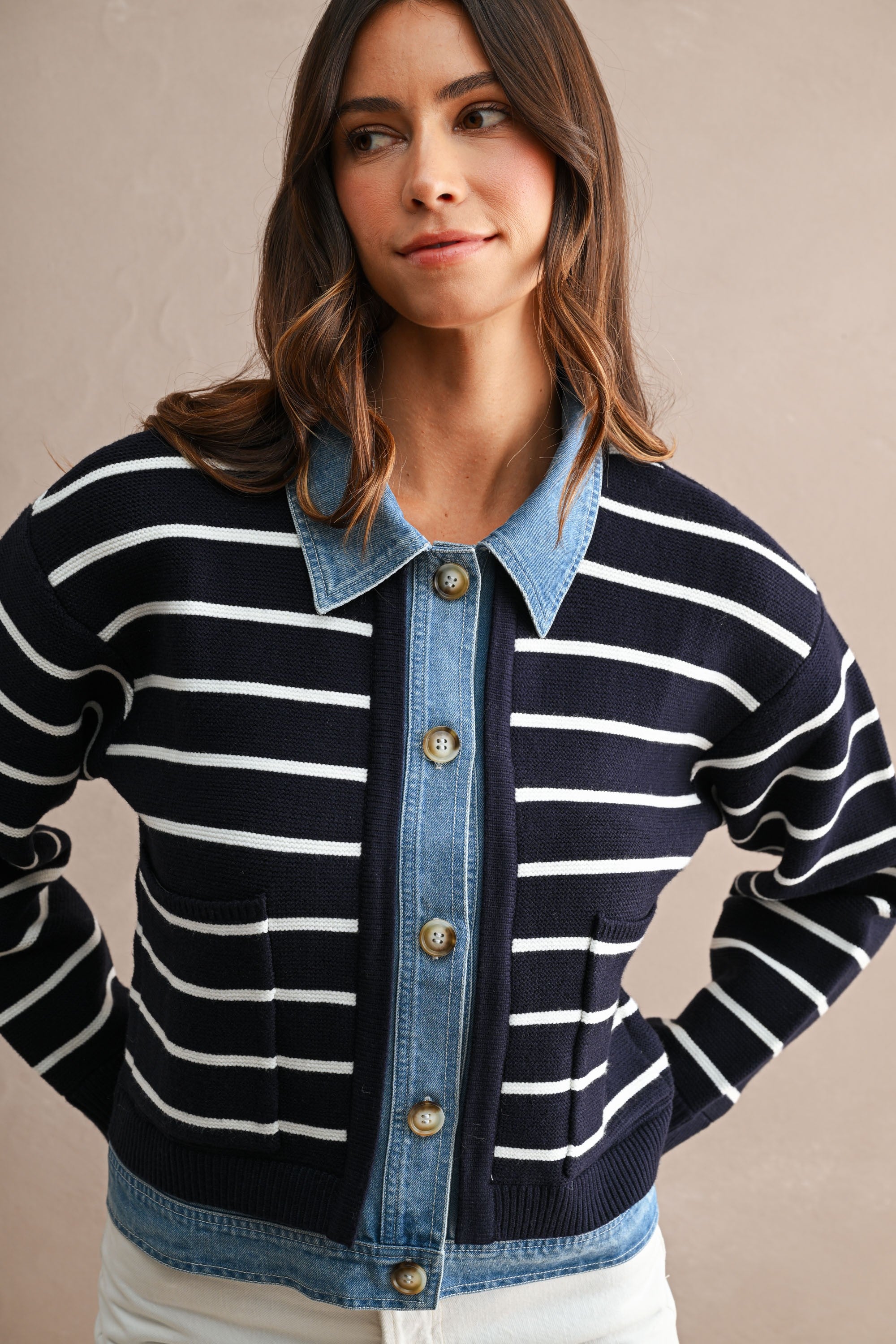 Stripe Knit And Denim Mix Button Down Cardigan (Navy) Secondary image
