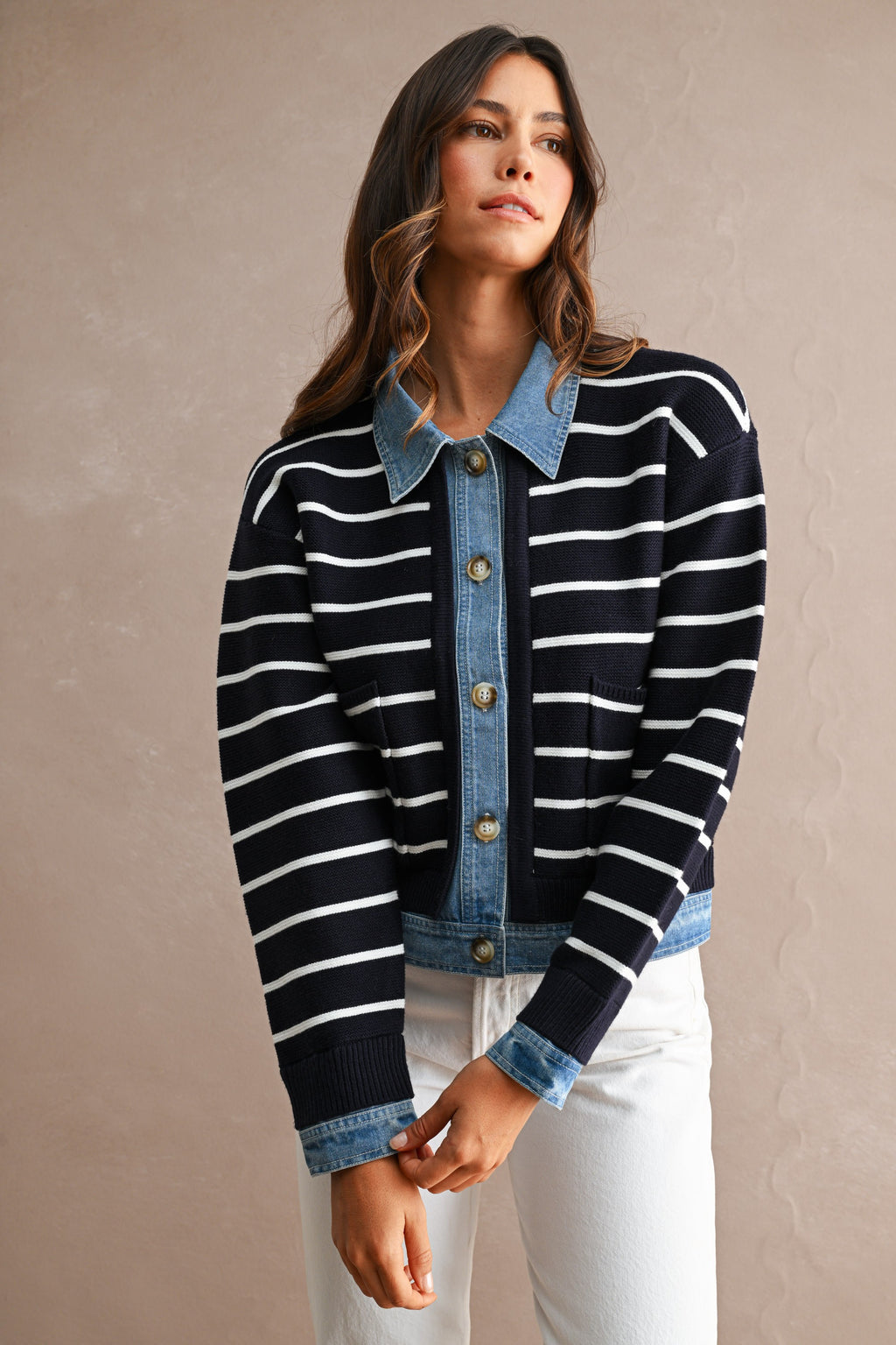 Stripe Knit And Denim Mix Button Down Cardigan (Navy)