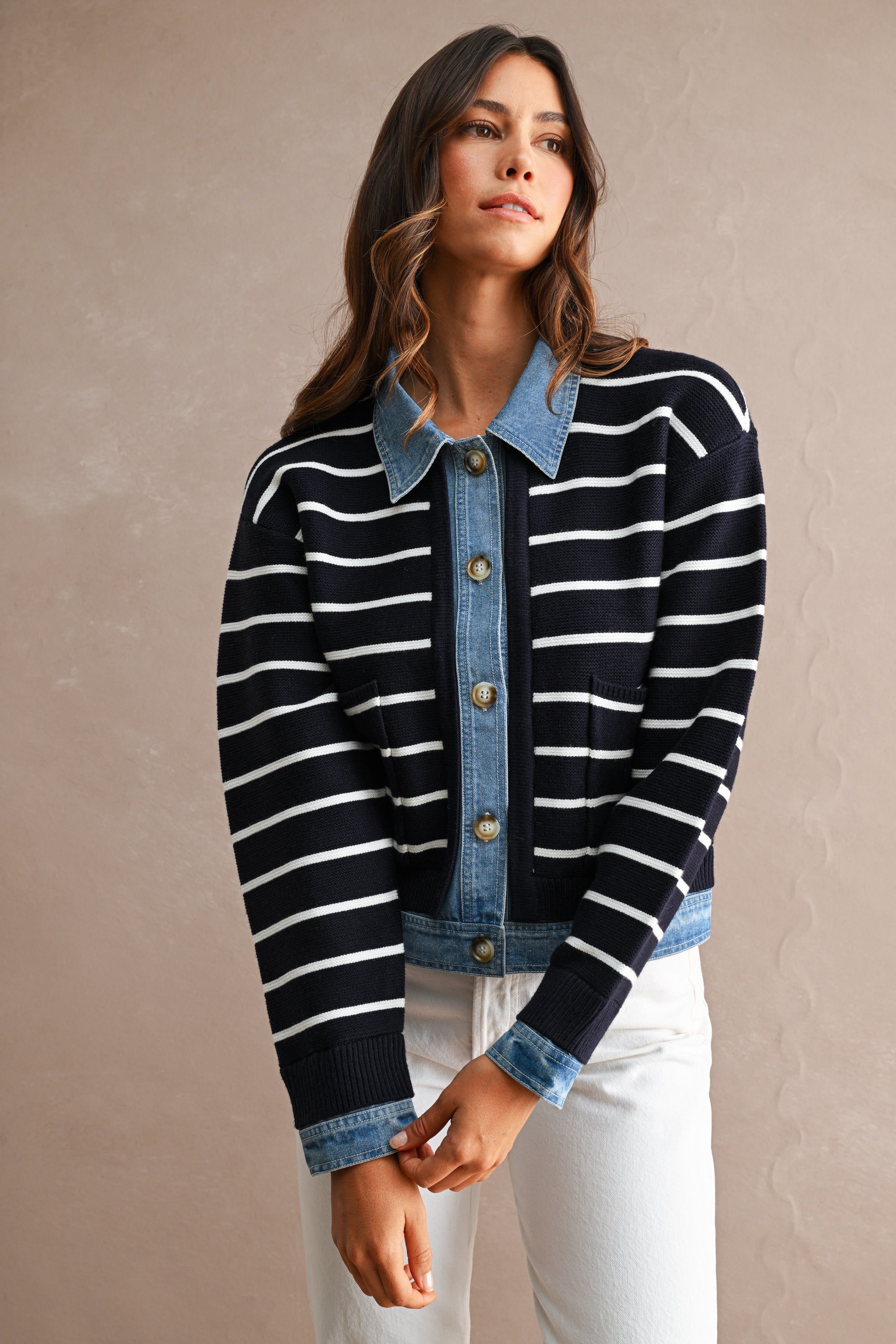 Stripe Knit And Denim Mix Button Down Cardigan (Navy)