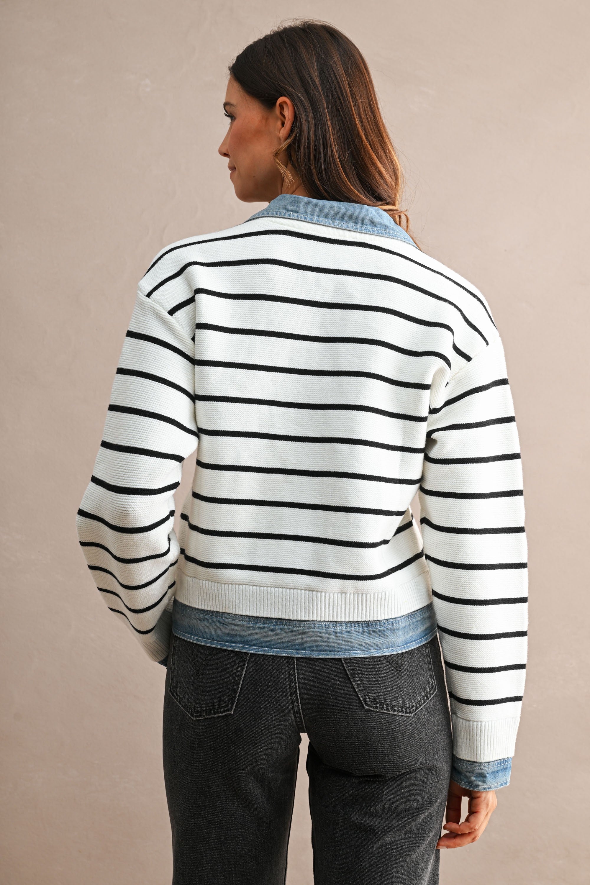 Stripe Knit And Denim Mix Button Down Cardigan (Cream)