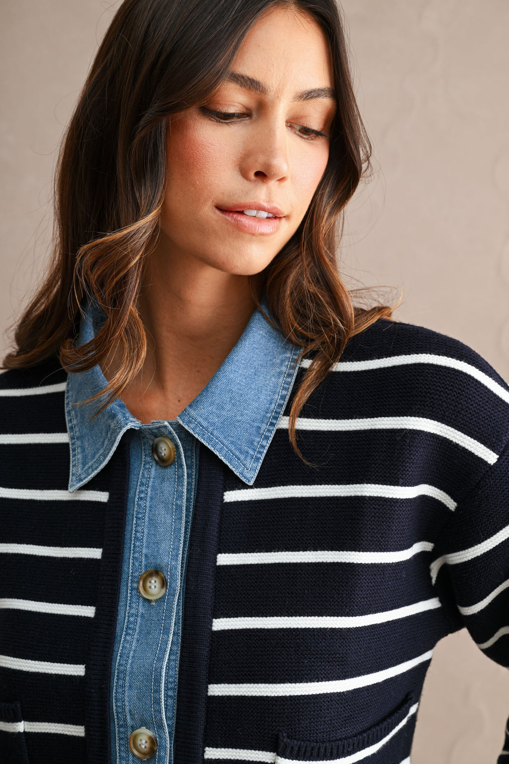 Stripe Knit And Denim Mix Button Down Cardigan (Navy)